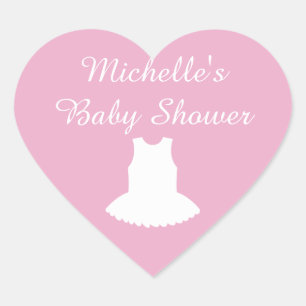Pink heart shaped baby shower stickers with tutu
