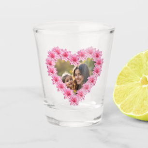 Pink heart-shaped dahlia blossoms, custom photo shot glass
