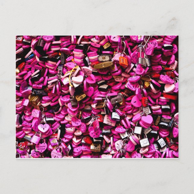 Pink Heart-Shaped Love Locks in Verona Postcard (Front)