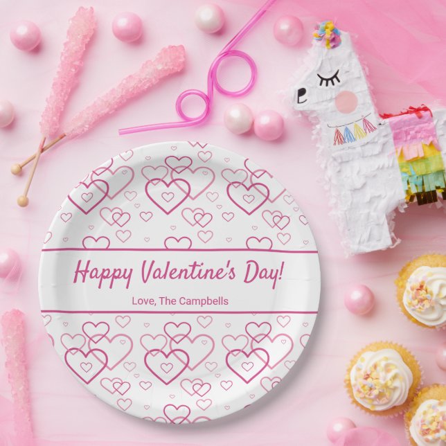 Pink Heart Shapes Pattern & Text - Valentine's Day Paper Plate (Party)
