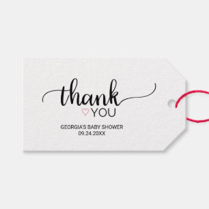 Pink Heart Simple Black Calligraphy Thank You Gift Tags