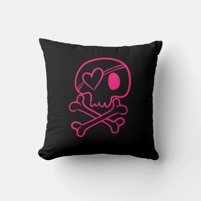 Pink Heart Skull and Crossbones Pillow (Front)