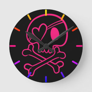 Pink Heart Skull and Crossbones Round Clock