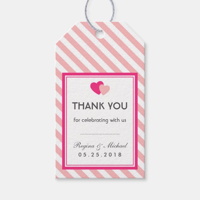 Pink Heart Stripes Pattern Wedding Favour Gift Tag (Front)