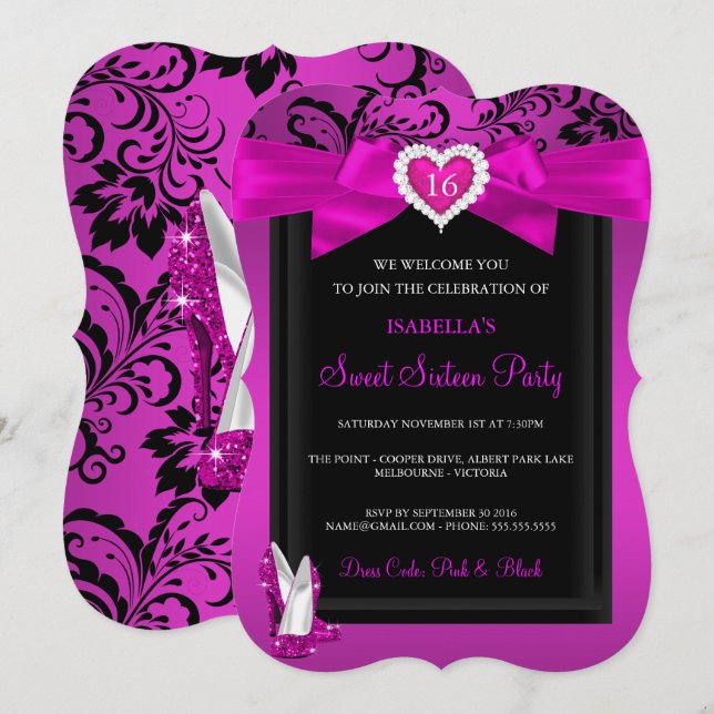 Pink Heart Sweet 16 Birthday Party High Heels Invitation (Front/Back)