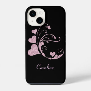 Pink Heart Swirl Faux Glitter iPhone 14 Case