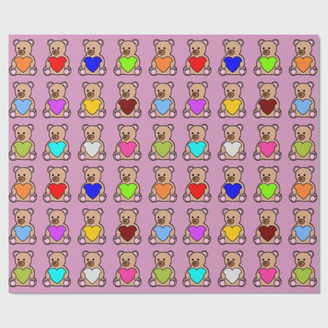 Pink Heart Teddy Bears Wrapping Paper (Flat)