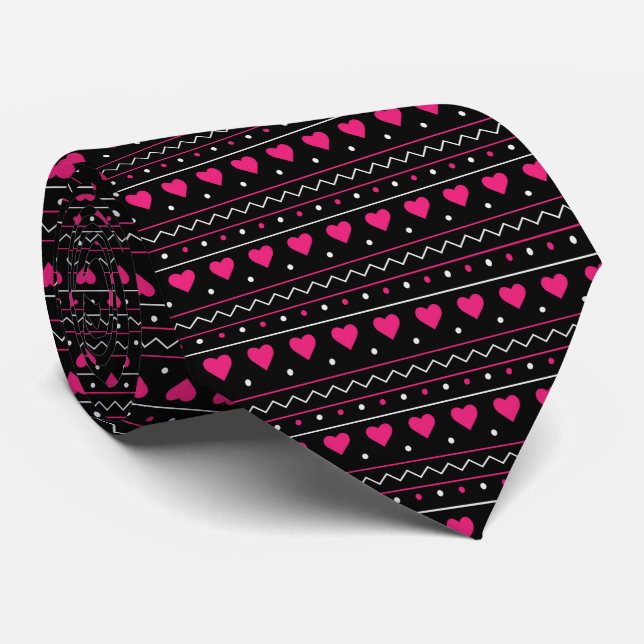Pink heart valentine love pattern black background tie (Rolled)