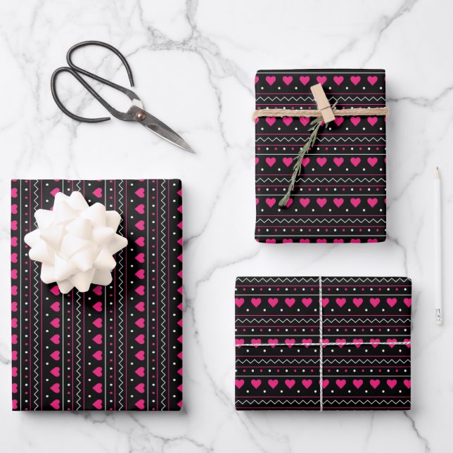 Pink heart valentine love pattern black background wrapping paper sheet (Front)