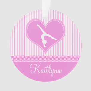 Pink Heart w/ White Stripes and Polka-Dot Gymnast Ornament