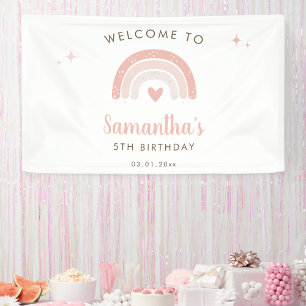 Pink Heart Watercolor Rainbow Birthday Welcome Banner