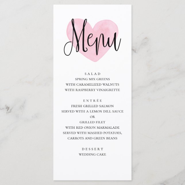 Pink heart wedding menu. Romantic modern dinner Menu (Front)