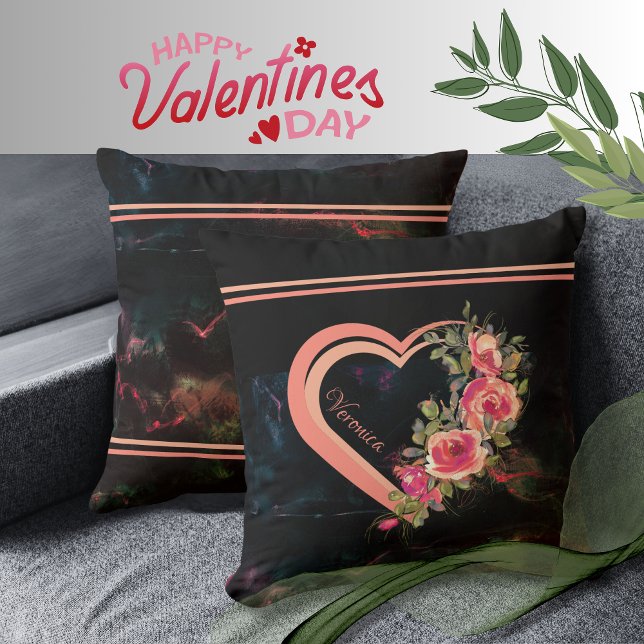 Pink Heart with Roses  Cushion (Pink Heart with Roses Throw Pillow)