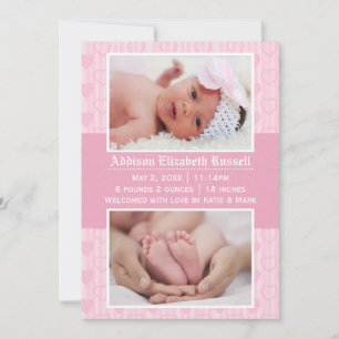 Pink Hearts 2 Photos - Birth Announcement