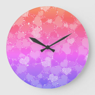Pink Hearts Abstract Gold Glitter Patterns Ombre Large Clock