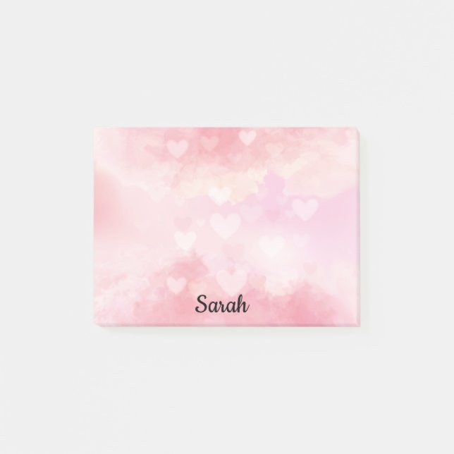 Pink Hearts Add Name Cute Office Gift Post-it Notes (Front)