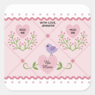 Pink Hearts and Bird Square Sticker