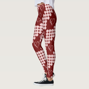 Pink Hearts and Circles w/Red Background Leggings