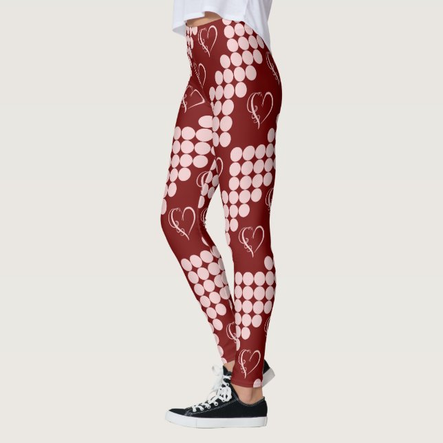 Pink Hearts and Circles w/Red Background Leggings (Left)