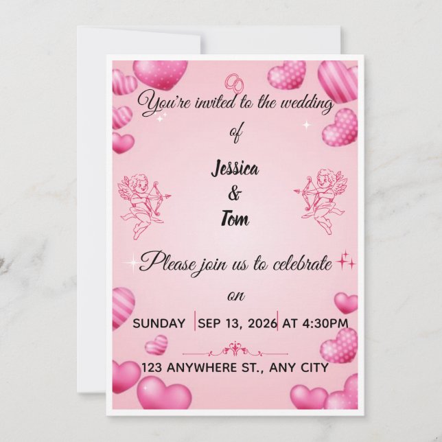 Pink Hearts and Cupids Wedding Invitation (Front)