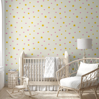 Pink Hearts and Golden Yellow Stars on Off White Wallpaper