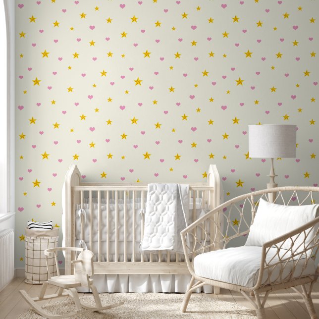 Pink Hearts and Golden Yellow Stars on Off White Wallpaper (Kids)