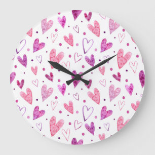 Pink Hearts and Polka Dots: Romantic Delight. Large Clock