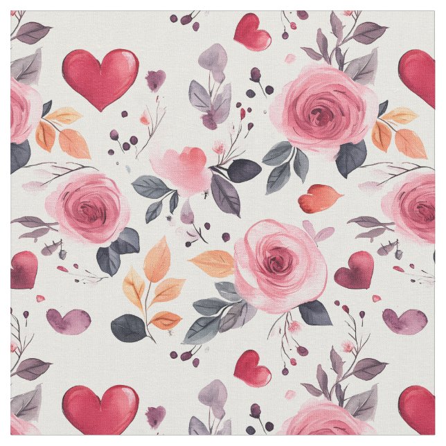 Pink Hearts and Roses  Fabric (Close Up)