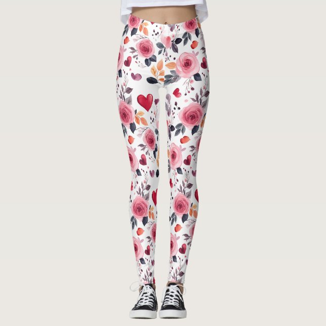 Pink Hearts And Roses Leggings (Front)
