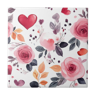 Pink Hearts and Roses Tile