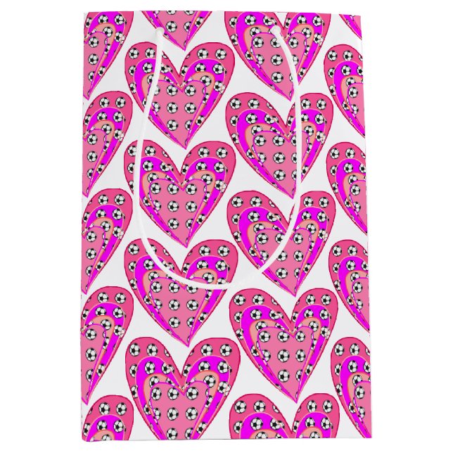 Pink Hearts And Soccer Balls Pattern Medium Gift Bag (Front)
