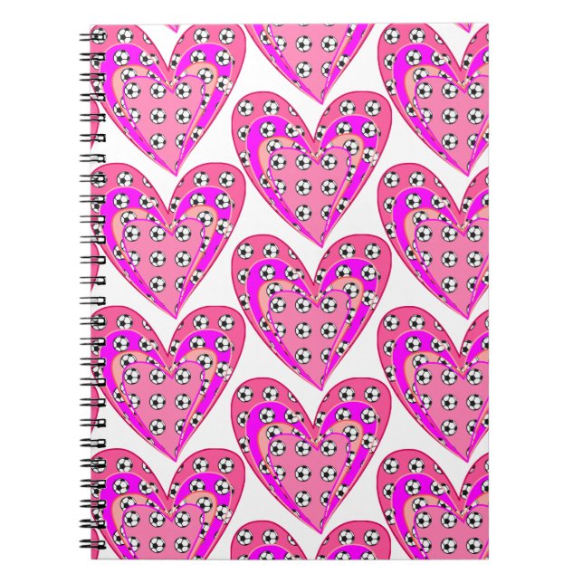 Pink Hearts And Soccer Balls Pattern Notebook (Front)