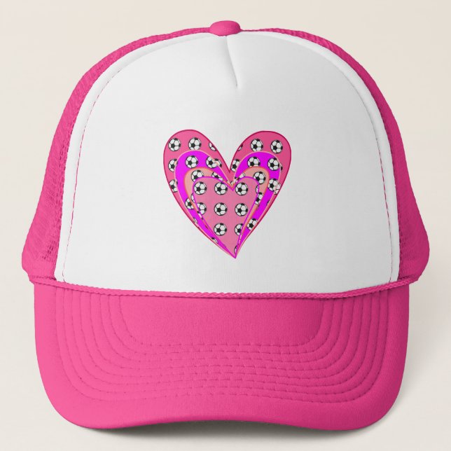 Pink Hearts And Soccer Balls Pattern Trucker Hat (Front)