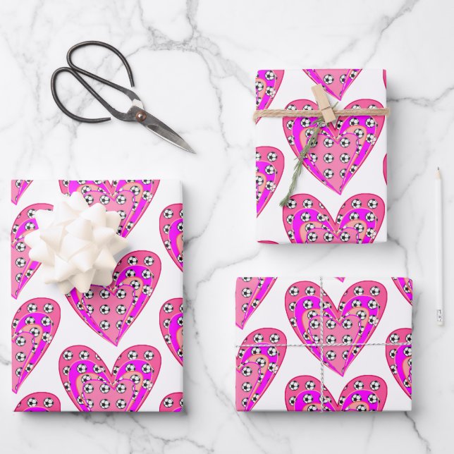 Pink Hearts And Soccer Balls Pattern Wrapping Paper Sheet (Front)
