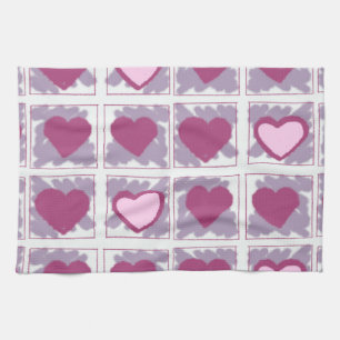 Pink Hearts and Squares Love Xoxo Tea Towel