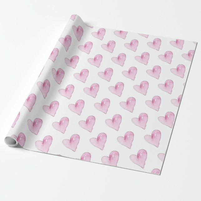 Pink Hearts Artisan Watercolor Art Sweet Love Wrapping Paper (Unrolled)