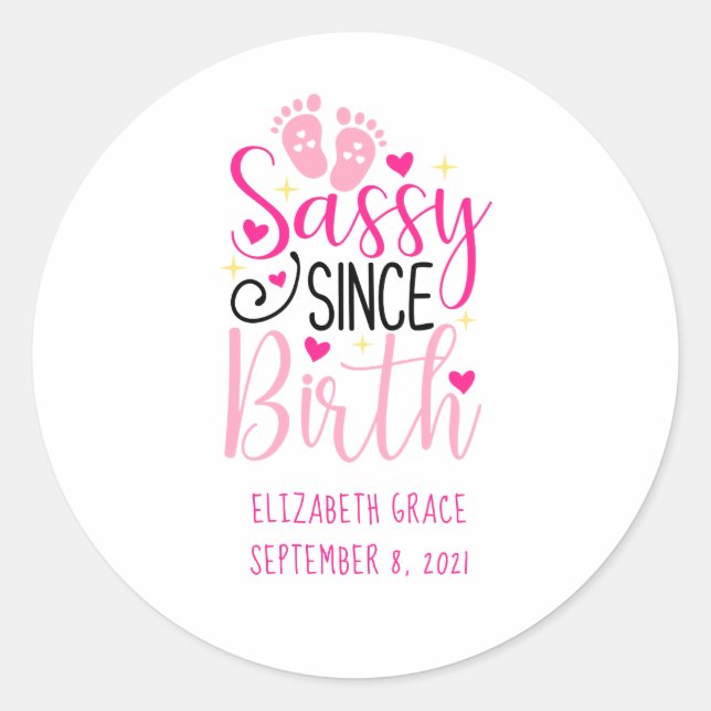 Pink Hearts Baby Footprints Sassy Since Birth Baby Classic Round Sticker (Front)