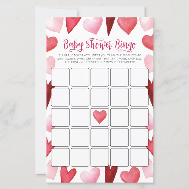 Pink Hearts Baby Shower Bingo Game Card (Front)