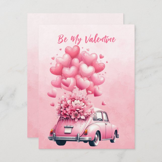 Pink Hearts Balloons Car In Pink  Holiday Card (Front/Back)