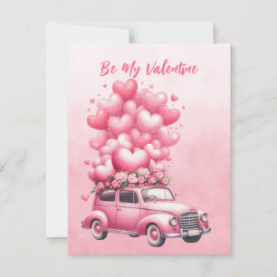 Pink Hearts Balloons Car In Pink Holiday Card