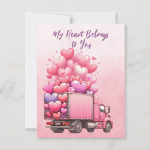 Pink Hearts Balloons Truck In Pink Holiday Card