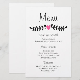 Pink Hearts Black White Laurel Boho Wedding Menu