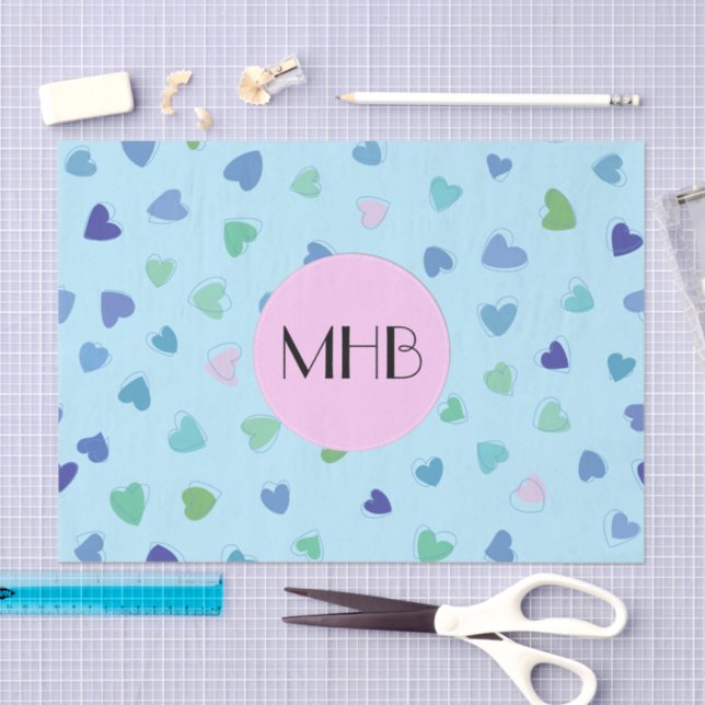 Pink Hearts, Blue Hearts, Hearts Pattern, Monogram Tissue Paper (Craft)