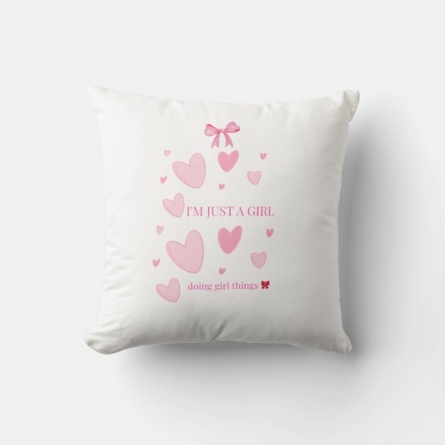Pink Hearts Bow Coquette Throw Pillow — Doing Girl (Front)