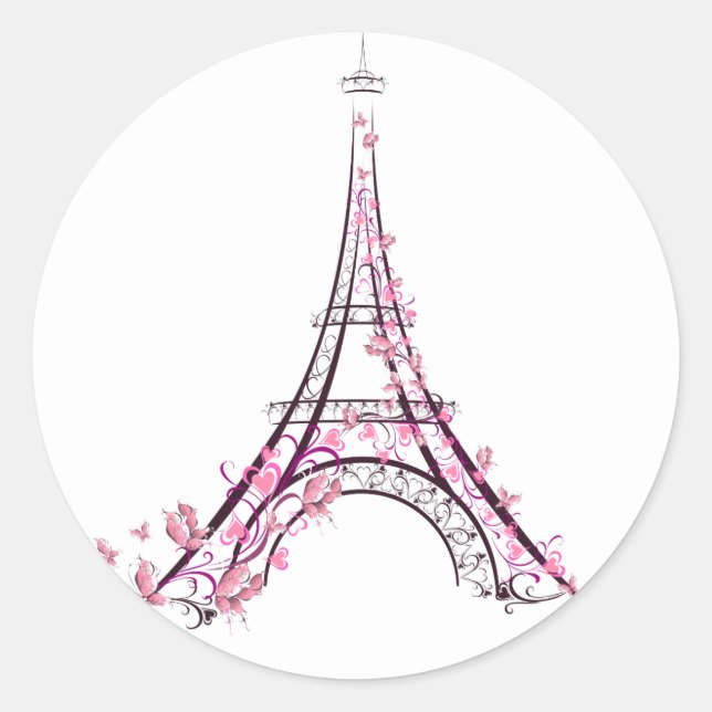 Pink Hearts & Butterflies Paris Eiffel Tower Classic Round Sticker (Front)