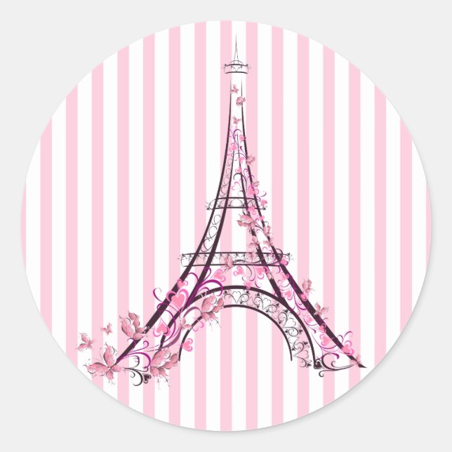 Pink Hearts & Butterflies Paris Eiffel Tower Party Classic Round Sticker (Front)