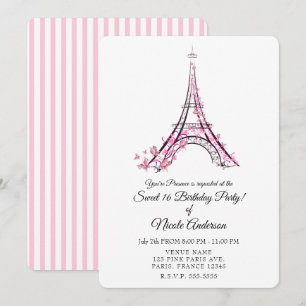 Pink Hearts & Butterflies Paris Eiffel Tower Party Invitation