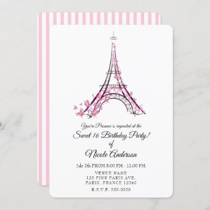 Pink Hearts & Butterflies Paris Eiffel Tower Party Invitation