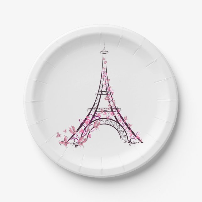 Pink Hearts & Butterflies Paris Eiffel Tower Party Paper Plate (Front)