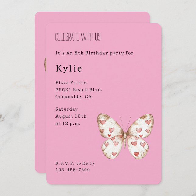 Pink Hearts Butterfly Birthday   Invitation (Front/Back)